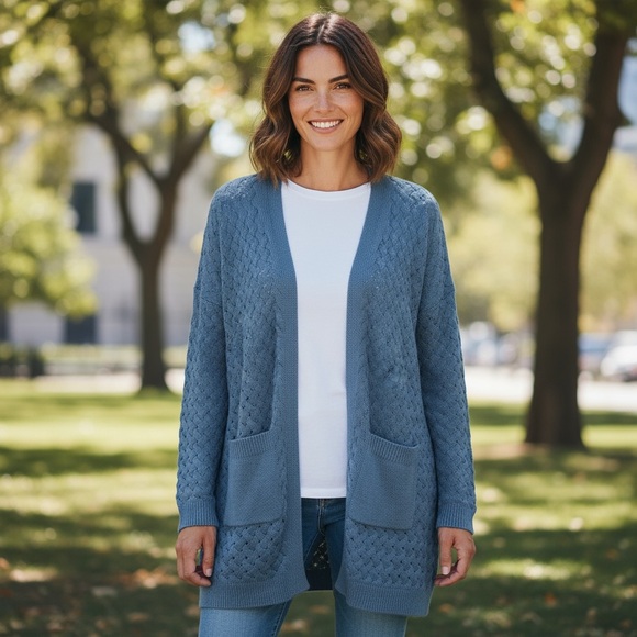 Dokotoo Cozy Blue Knit Women's Long sleeve cable knit Cardigan pockets Large - Picture 1 of 14